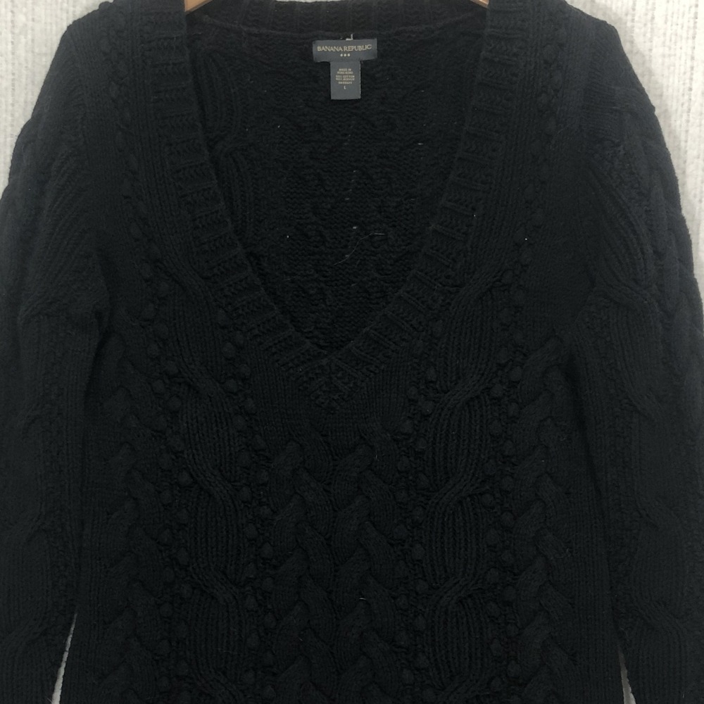 Banana Republic Womens Black Cable‎ Knit V-Neck Sweater Large Cotton Blend